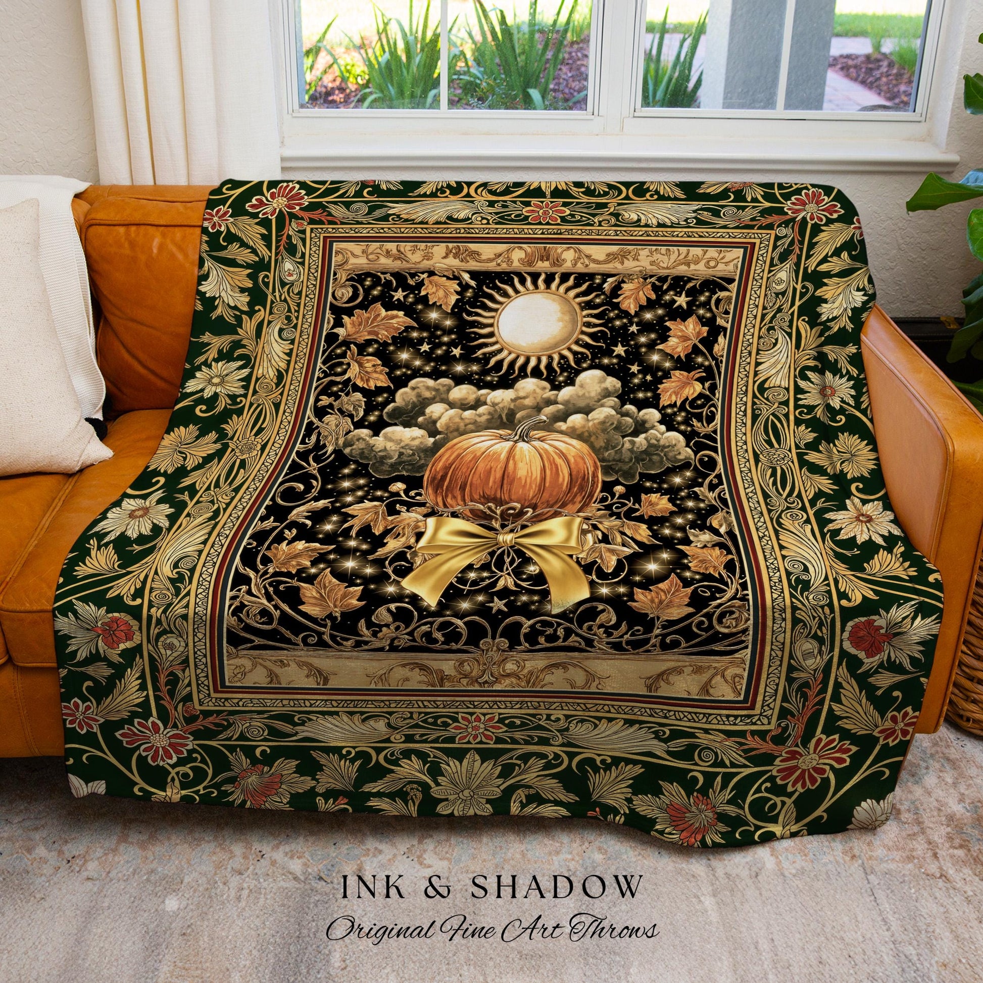 Fall Aesthetic Pumpkin Wall Tapestry | Spooky Cozy Woven Throw Blanket Moody Accent Autumn Decor Amber Night Gothic Folklore Elegant Harvest