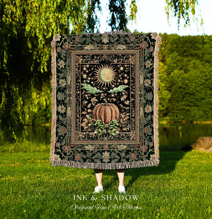 Sun and Moon Autumn Harvest Blanket | Gothic Autumn Decor Cozy Throw Mystical Aesthetic Woven Tapestry Accent Witchy Bedroom Whimsigothic |