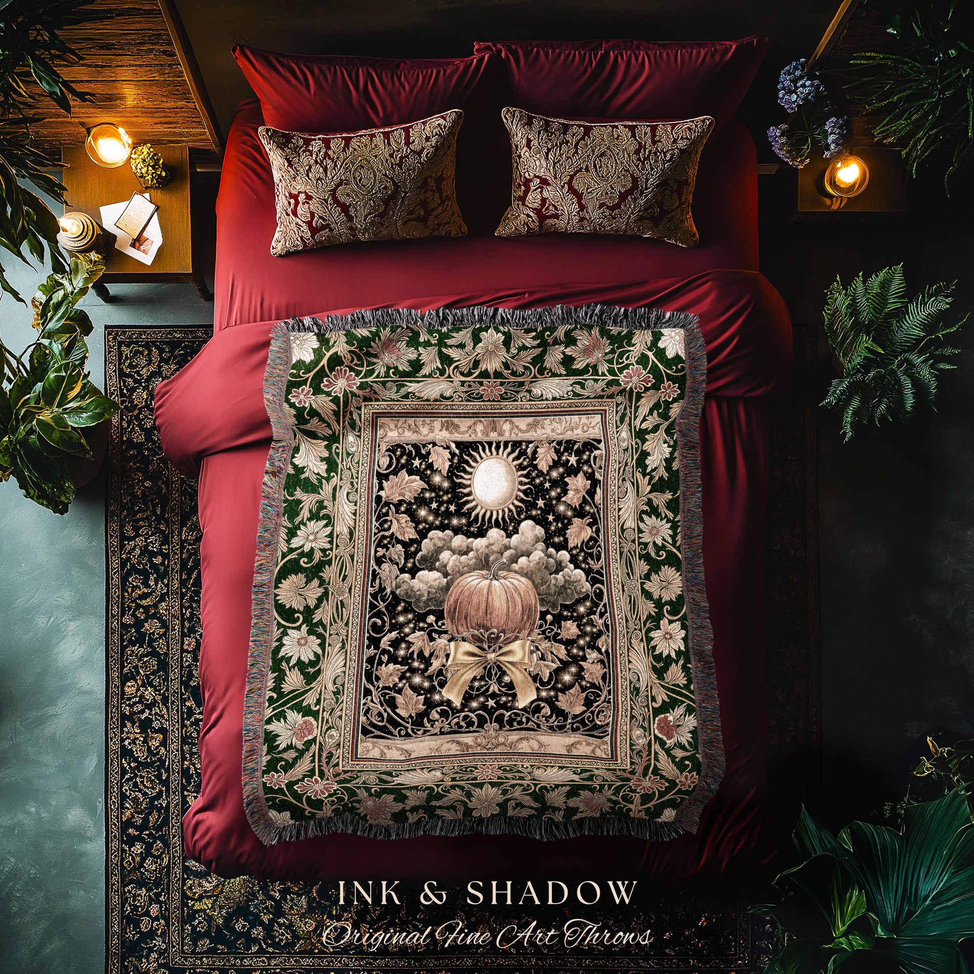 Fall Aesthetic Pumpkin Wall Tapestry | Spooky Cozy Woven Throw Blanket Moody Accent Autumn Decor Amber Night Gothic Folklore Elegant Harvest