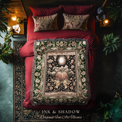 Fall Aesthetic Pumpkin Wall Tapestry | Spooky Cozy Woven Throw Blanket Moody Accent Autumn Decor Amber Night Gothic Folklore Elegant Harvest