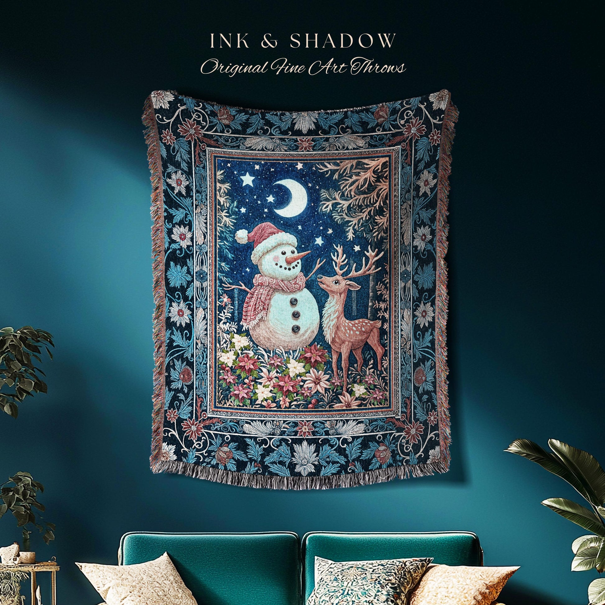 Nostalgic Snowman Winter Woven Blanket | Cozy Ethereal Decor Holiday Tapestry Xmas Throw Nordic Folk Art Moon Stars Rustic Christmas Gift |