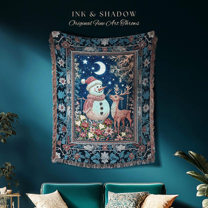 Nostalgic Snowman Winter Woven Blanket | Cozy Ethereal Decor Holiday Tapestry Xmas Throw Nordic Folk Art Moon Stars Rustic Christmas Gift |
