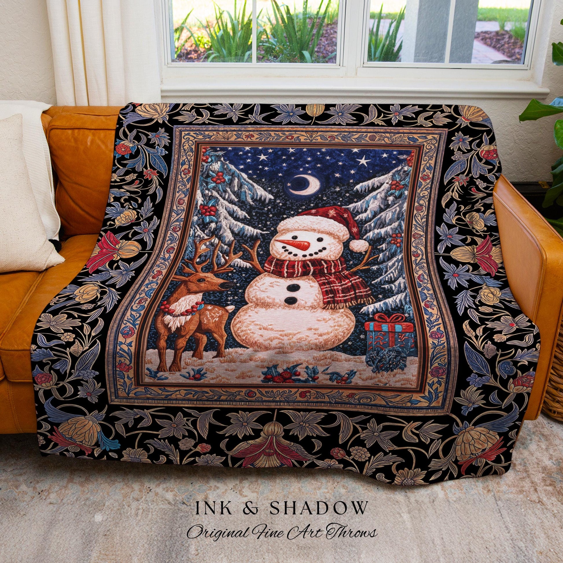 Rustic Snowman Winter Throw | Festive Tapestry Nostalgic Xmas Gift Cozy Cabin Snowflake Throw Vintage Reindeer Decor Warm Cozy Coverlet Cute