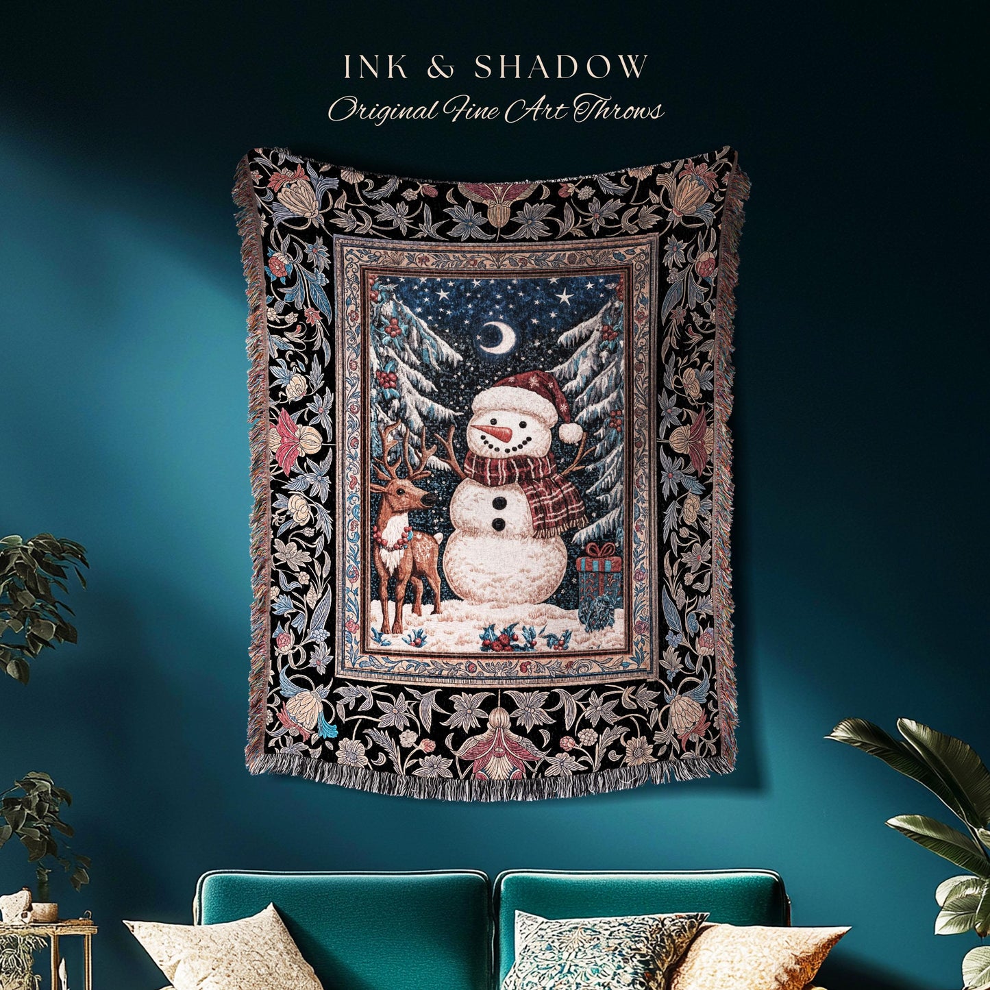 Rustic Snowman Winter Throw | Festive Tapestry Nostalgic Xmas Gift Cozy Cabin Snowflake Throw Vintage Reindeer Decor Warm Cozy Coverlet Cute