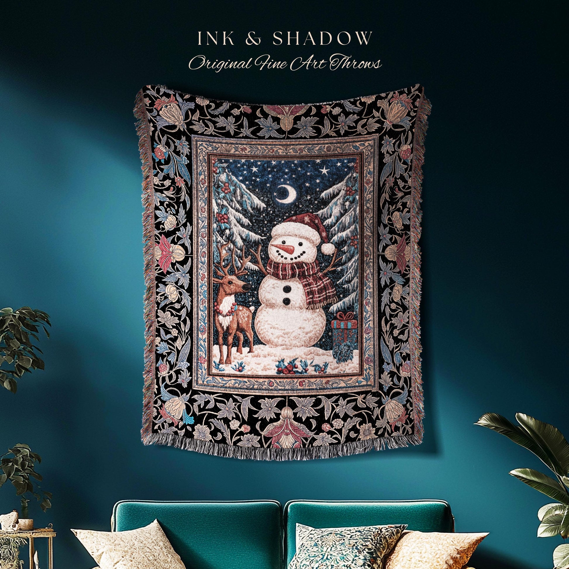 Rustic Snowman Winter Throw | Festive Tapestry Nostalgic Xmas Gift Cozy Cabin Snowflake Throw Vintage Reindeer Decor Warm Cozy Coverlet Cute
