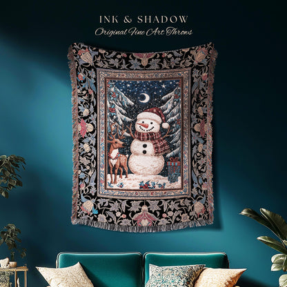 Rustic Snowman Winter Throw | Festive Tapestry Nostalgic Xmas Gift Cozy Cabin Snowflake Throw Vintage Reindeer Decor Warm Cozy Coverlet Cute