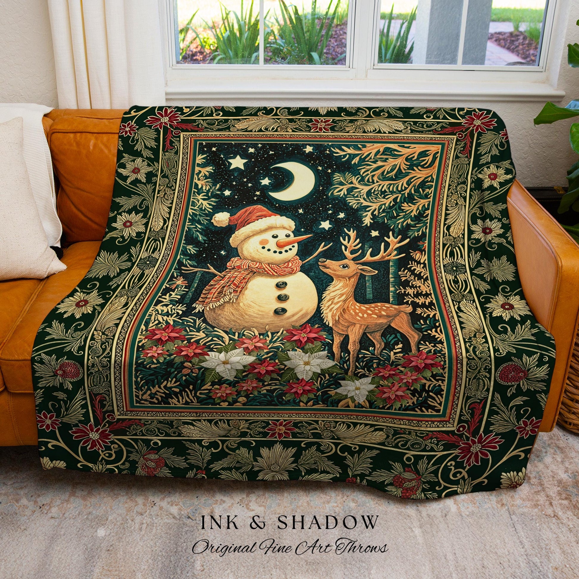Starlit Snowman Retro Xmas Blanket | Cozy Festive Decor Holiday Tapestry Warm Winter Nostalgic Reindeer Coverlet Nordic Style Reindeer Art |