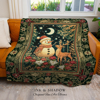 Starlit Snowman Retro Xmas Blanket | Cozy Festive Decor Holiday Tapestry Warm Winter Nostalgic Reindeer Coverlet Nordic Style Reindeer Art |