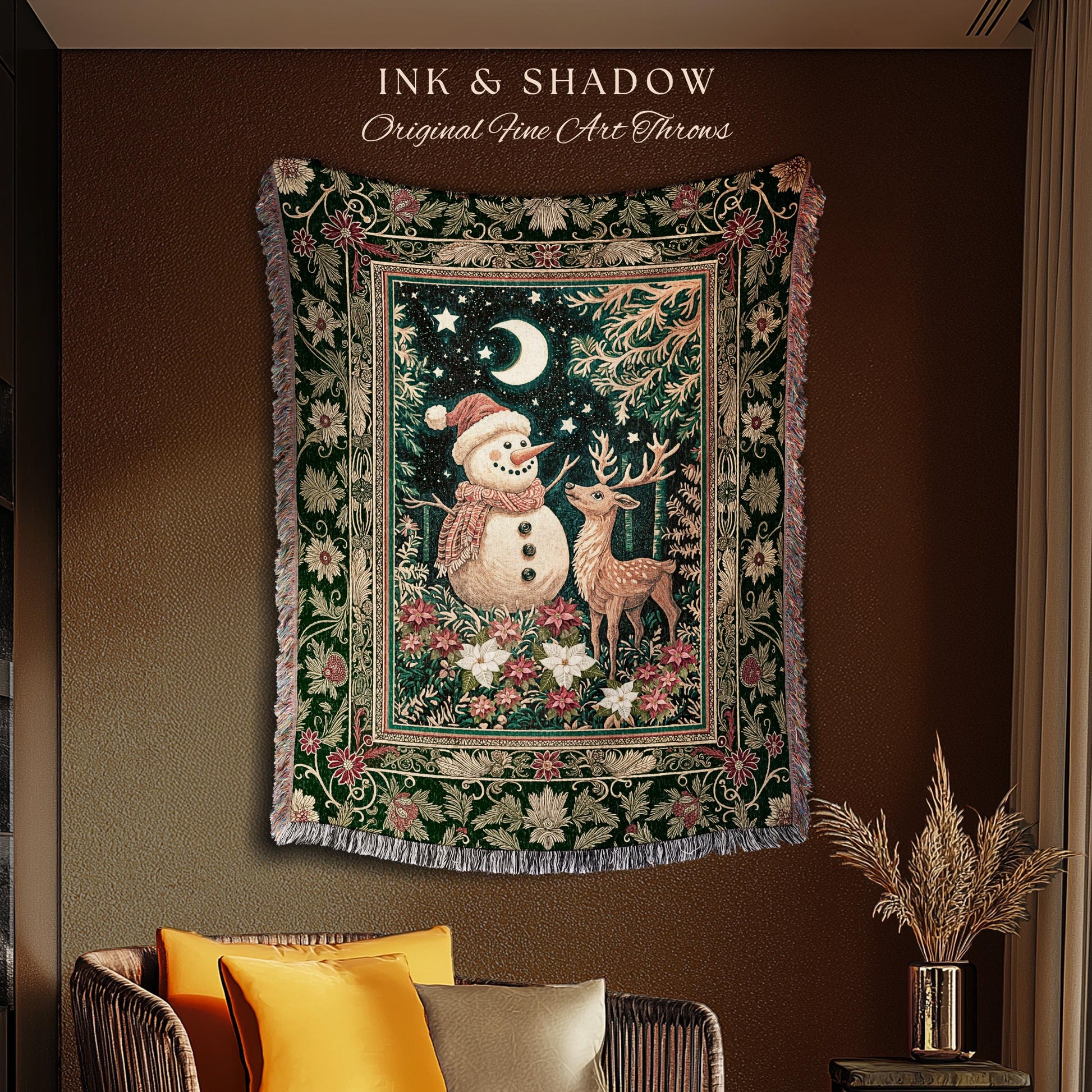 Starlit Snowman Retro Xmas Blanket | Cozy Festive Decor Holiday Tapestry Warm Winter Nostalgic Reindeer Coverlet Nordic Style Reindeer Art |