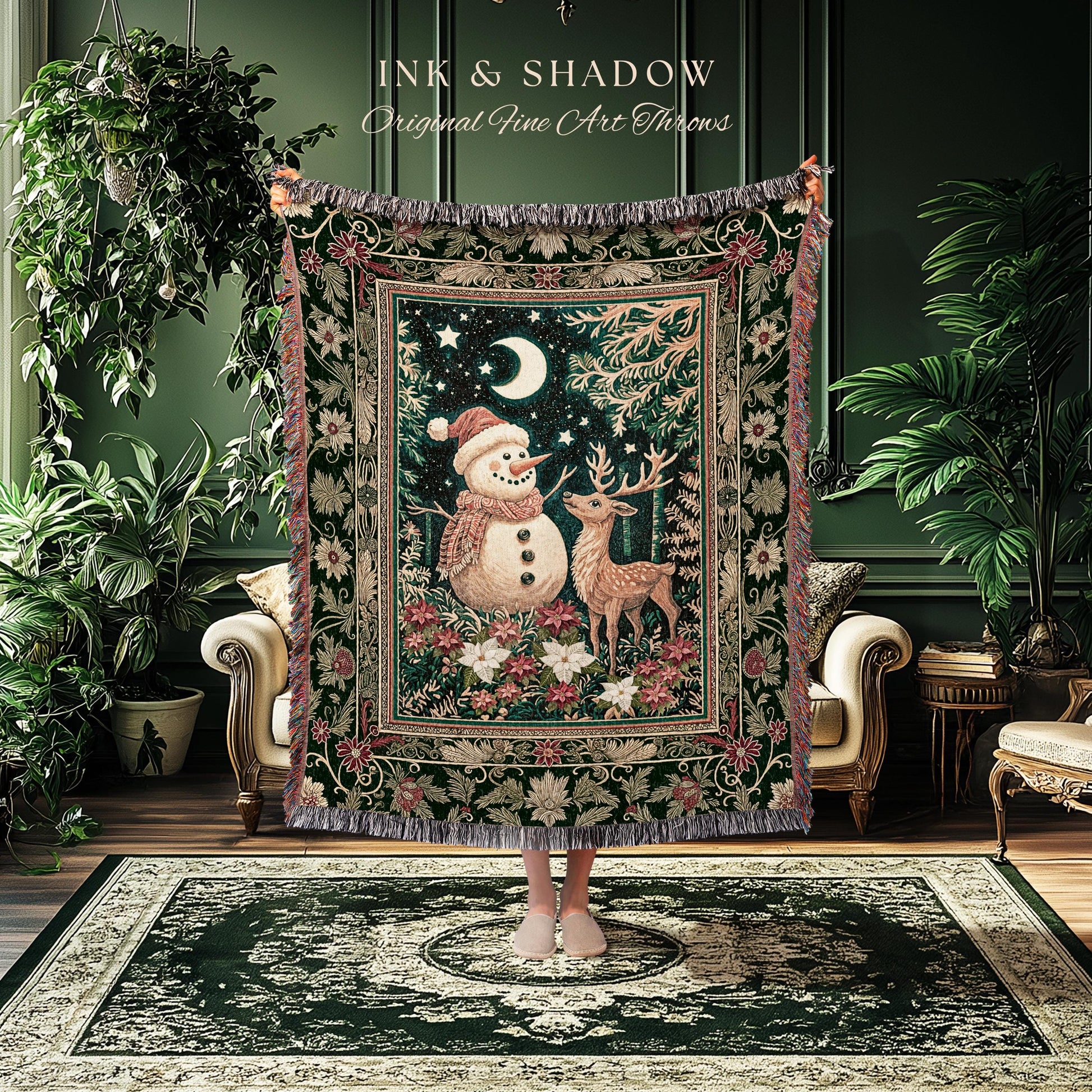 Starlit Snowman Retro Xmas Blanket | Cozy Festive Decor Holiday Tapestry Warm Winter Nostalgic Reindeer Coverlet Nordic Style Reindeer Art |