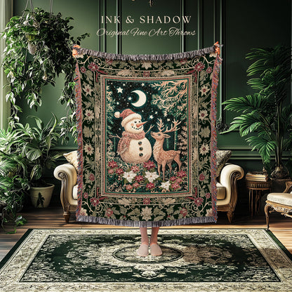 Starlit Snowman Retro Xmas Blanket | Cozy Festive Decor Holiday Tapestry Warm Winter Nostalgic Reindeer Coverlet Nordic Style Reindeer Art |