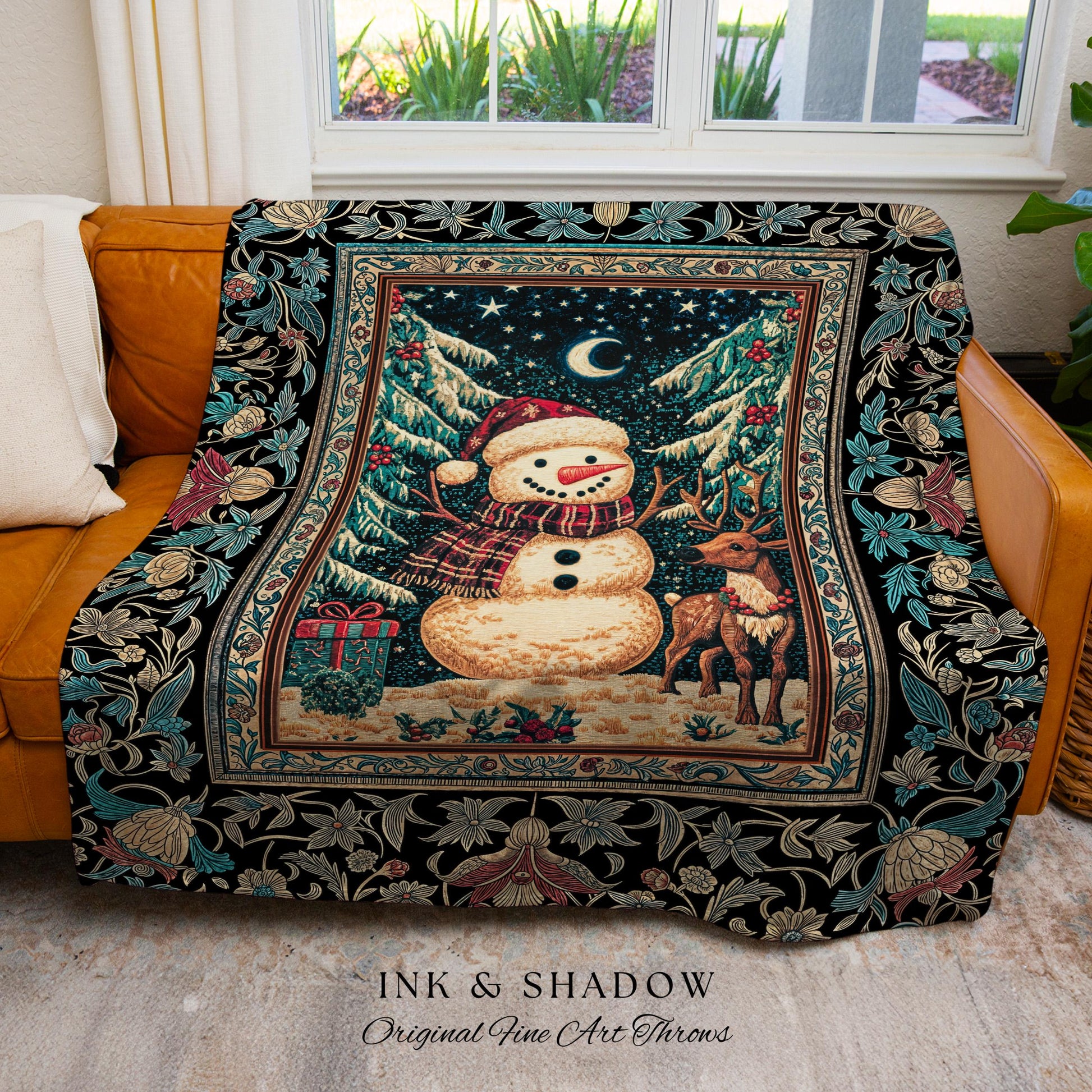 Frosty Folk Art Woven Snowman Blanket | Cozy Winter Throw Christmas Cabin Xmas Wall Tapestry Reindeer Folk Art Nostalgic Holiday Throw |