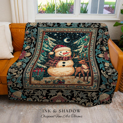 Frosty Folk Art Woven Snowman Blanket | Cozy Winter Throw Christmas Cabin Xmas Wall Tapestry Reindeer Folk Art Nostalgic Holiday Throw |