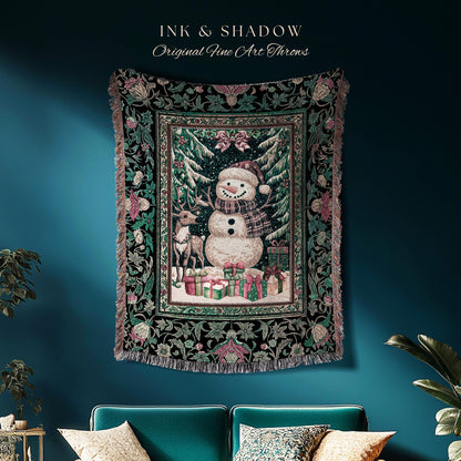 Scandi Snowman Xmas Throw Blanket | Cozy Festive Decor Holiday Tapestry Warm Winter Nostalgic Reindeer Coverlet Nordic Style Christmas Gift