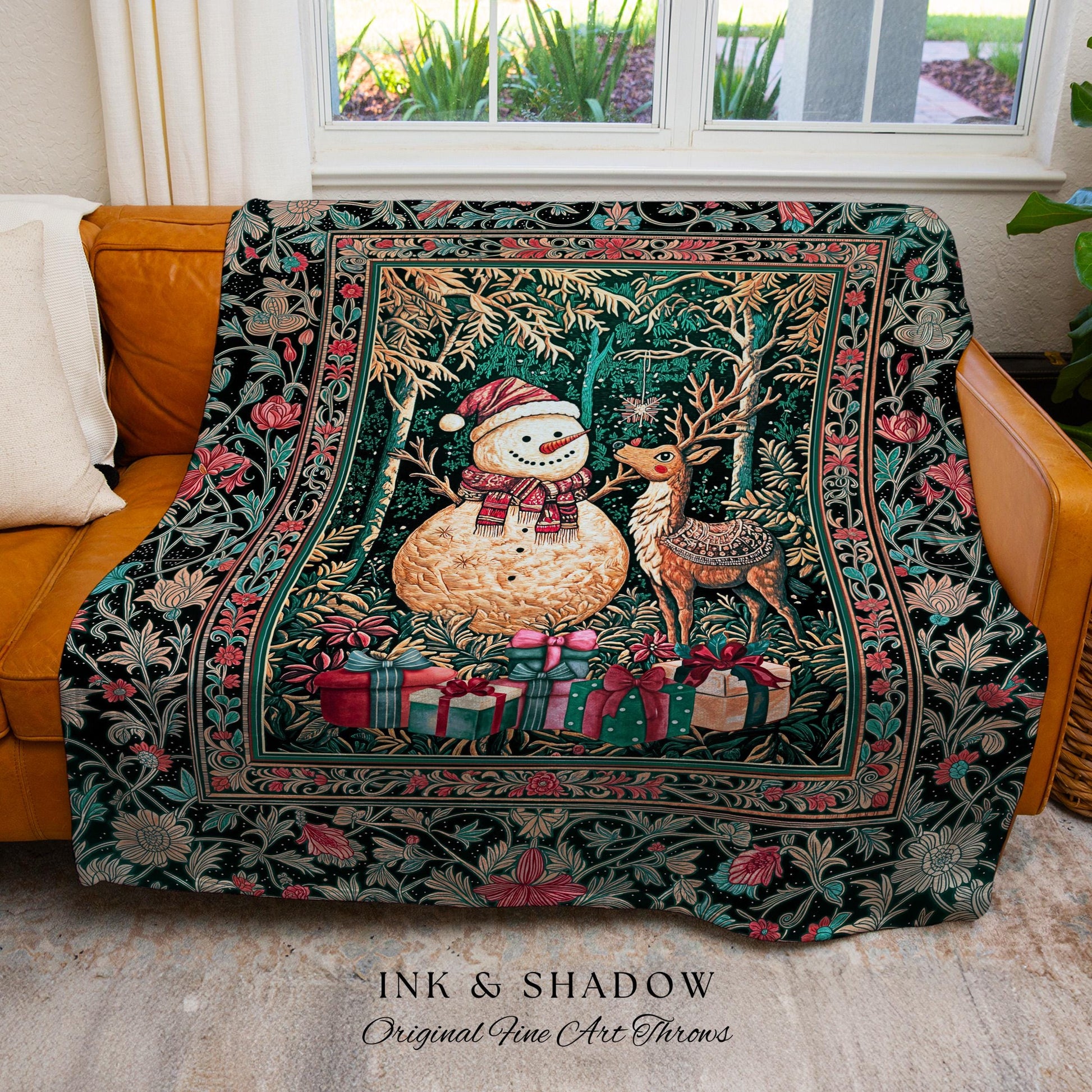Retro Holiday Cozy Coverlet Woven | Nostalgic Wall Tapestry Reindeer Cute Decor Festive Throw Snowman Throw Xmas Style Winter Wonderland |