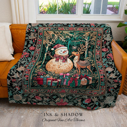 Retro Holiday Cozy Coverlet Woven | Nostalgic Wall Tapestry Reindeer Cute Decor Festive Throw Snowman Throw Xmas Style Winter Wonderland |