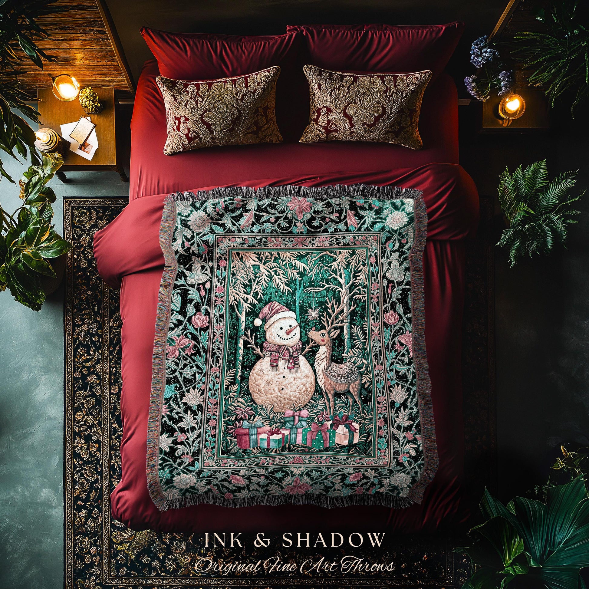 Retro Holiday Cozy Coverlet Woven | Nostalgic Wall Tapestry Reindeer Cute Decor Festive Throw Snowman Throw Xmas Style Winter Wonderland |