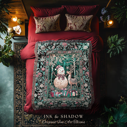 Retro Holiday Cozy Coverlet Woven | Nostalgic Wall Tapestry Reindeer Cute Decor Festive Throw Snowman Throw Xmas Style Winter Wonderland |