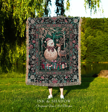 Retro Holiday Cozy Coverlet Woven | Nostalgic Wall Tapestry Reindeer Cute Decor Festive Throw Snowman Throw Xmas Style Winter Wonderland |
