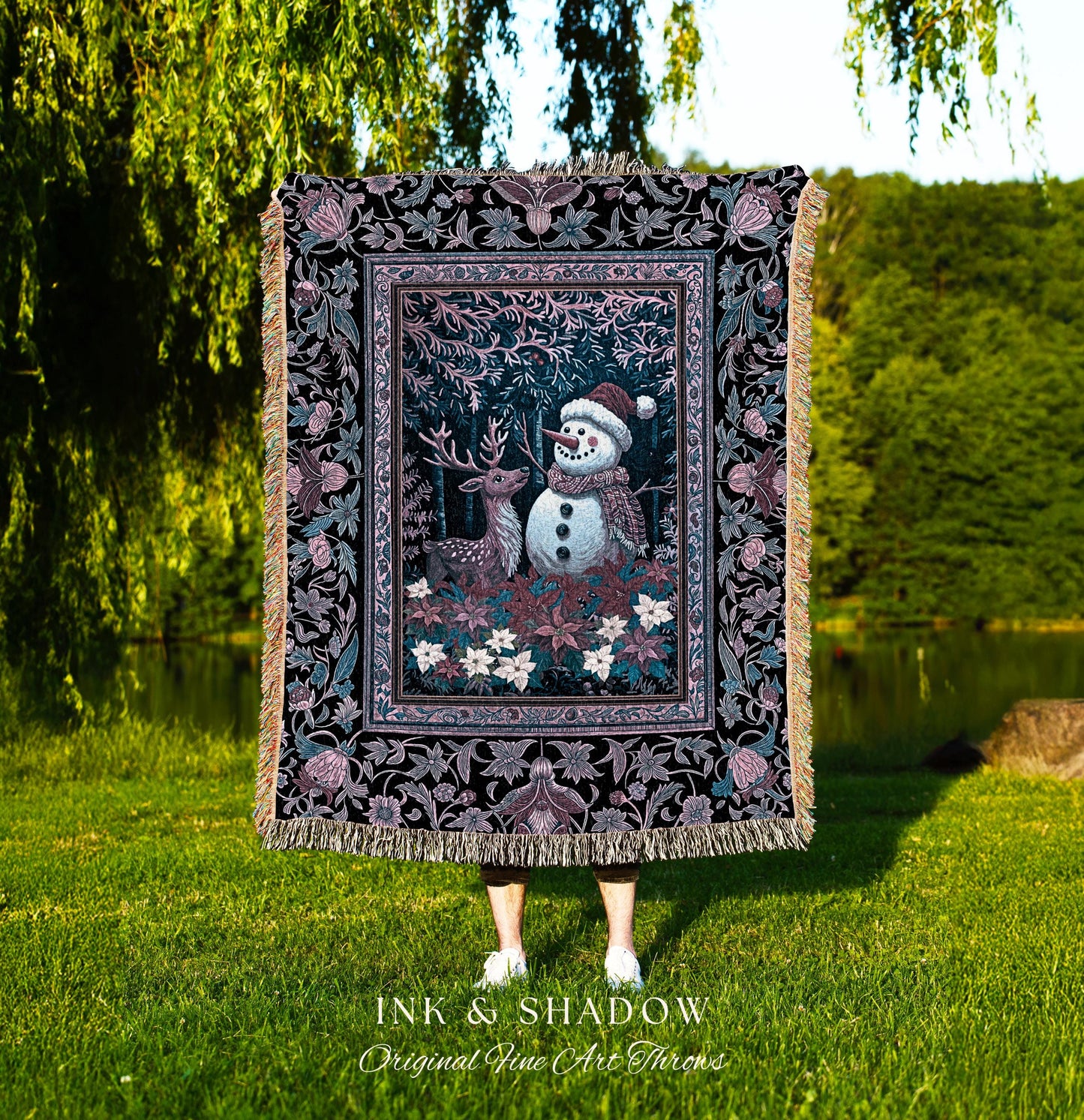 Holiday Reindeer Boho Woven Wall Tapestry | Festive Winter Decor Nostalgic Christmas Traditional Home Cozy Throw Snowman Accent Blanket |