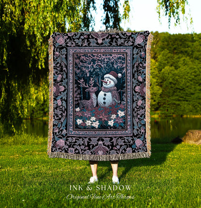 Holiday Reindeer Boho Woven Wall Tapestry | Festive Winter Decor Nostalgic Christmas Traditional Home Cozy Throw Snowman Accent Blanket |