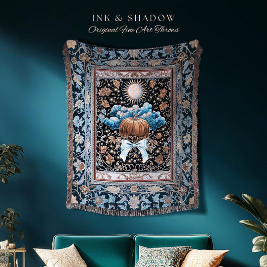 Pastel Cottagecore Pumpkin Wall Tapestry | Starry Sky Blanket Baroque Aesthetic Cozy Throw Whimsigothic Autumn Accent Elegant Moody Decor |