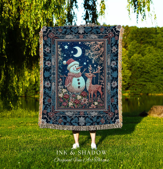 Nostalgic Snowman Winter Woven Blanket | Cozy Ethereal Decor Holiday Tapestry Xmas Throw Nordic Folk Art Moon Stars Rustic Christmas Gift |