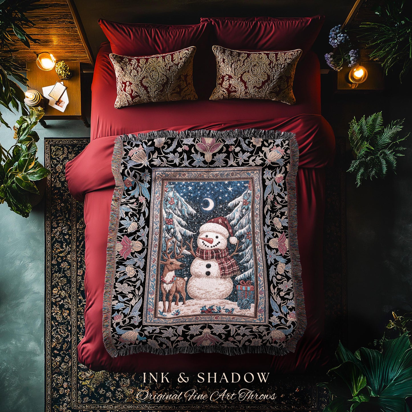 Rustic Snowman Winter Throw | Festive Tapestry Nostalgic Xmas Gift Cozy Cabin Snowflake Throw Vintage Reindeer Decor Warm Cozy Coverlet Cute