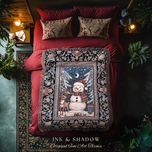 Rustic Snowman Winter Throw | Festive Tapestry Nostalgic Xmas Gift Cozy Cabin Snowflake Throw Vintage Reindeer Decor Warm Cozy Coverlet Cute