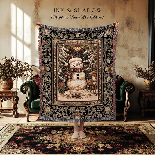 Warm & Cozy Christmas Snowman Blanket | Festive Winter Decor Nostalgic Aesthetic Traditional Holiday Tapestry Rustic Home Gift Cozy Throw |
