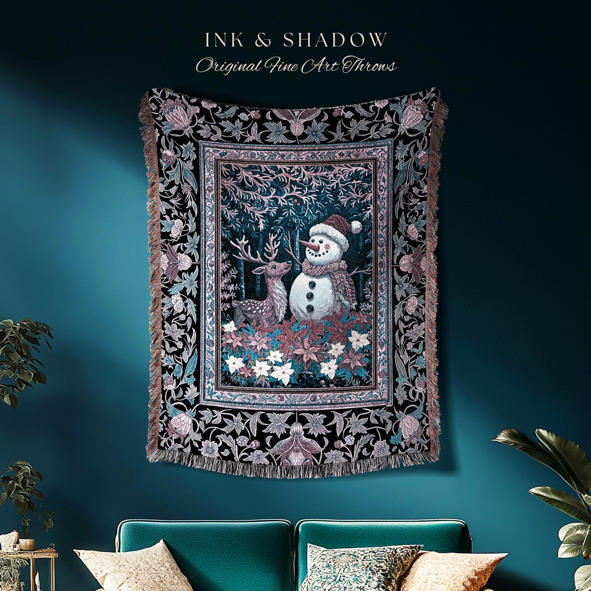 Holiday Reindeer Boho Woven Wall Tapestry | Festive Winter Decor Nostalgic Christmas Traditional Home Cozy Throw Snowman Accent Blanket |