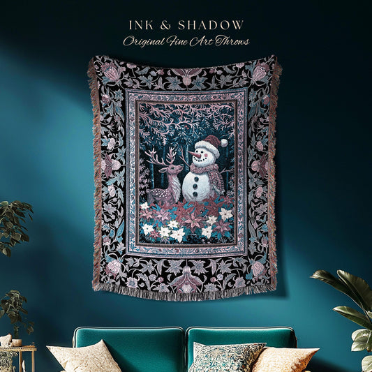 Holiday Reindeer Boho Woven Wall Tapestry | Festive Winter Decor Nostalgic Christmas Traditional Home Cozy Throw Snowman Accent Blanket |