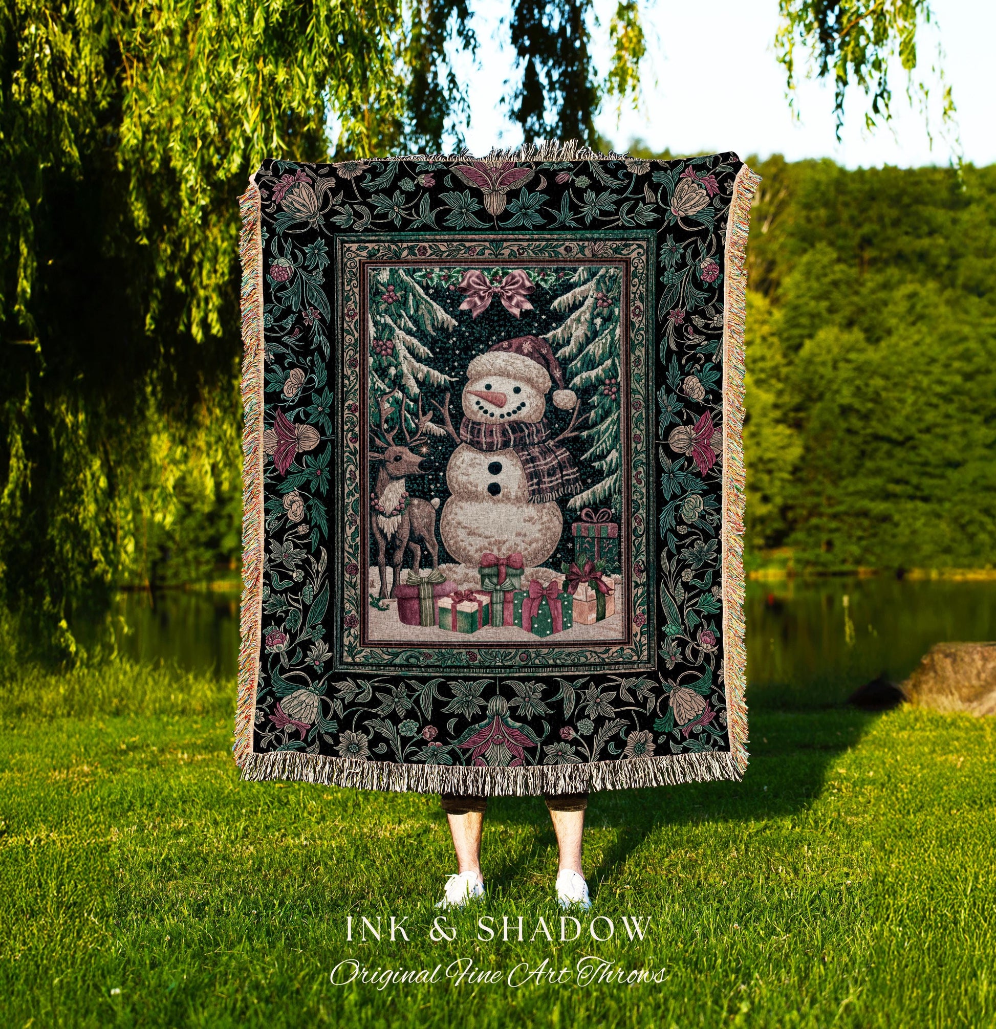 Scandi Snowman Xmas Throw Blanket | Cozy Festive Decor Holiday Tapestry Warm Winter Nostalgic Reindeer Coverlet Nordic Style Christmas Gift