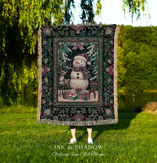 Scandi Snowman Xmas Throw Blanket | Cozy Festive Decor Holiday Tapestry Warm Winter Nostalgic Reindeer Coverlet Nordic Style Christmas Gift