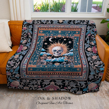 Retro Spooky Skull Tarot Blanket Decor | Fall Aesthetic Woven Throw Gothiccore Cozy Dark Academia Vibe Whimsigoth Rustic Halloween Tapestry