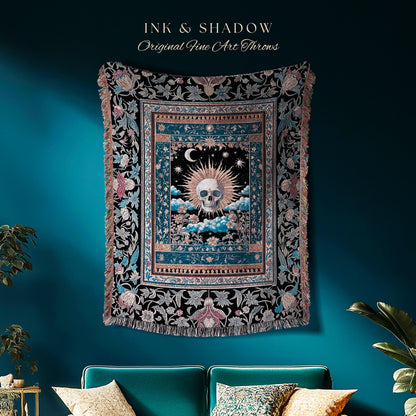 Retro Spooky Skull Tarot Blanket Decor | Fall Aesthetic Woven Throw Gothiccore Cozy Dark Academia Vibe Whimsigoth Rustic Halloween Tapestry