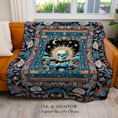 Dreamy Academia Skeleton Tarot Throw | Bohemian Skull Blanket Witchcore Woven Tapestry Fall Gothic Decor Spooky Aesthetic Halloween Gift |