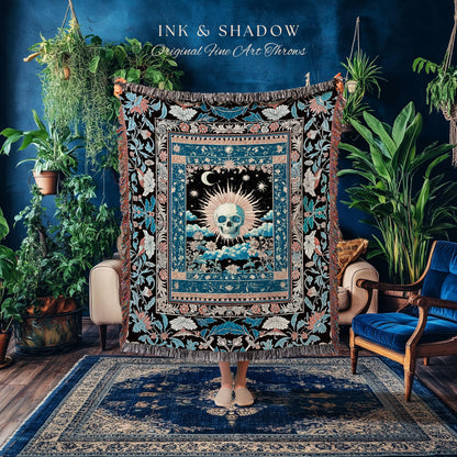 Dreamy Academia Skeleton Tarot Throw | Bohemian Skull Blanket Witchcore Woven Tapestry Fall Gothic Decor Spooky Aesthetic Halloween Gift |