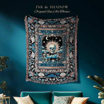 Dreamy Academia Skeleton Tarot Throw | Bohemian Skull Blanket Witchcore Woven Tapestry Fall Gothic Decor Spooky Aesthetic Halloween Gift |
