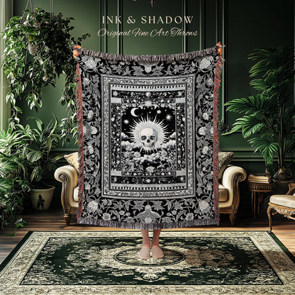 Retro Greyscale Skull Woven Throw | Tarot Aesthetic Dark Academia Whimsigoth Baroque Spooky Macabre Design Gothic Tapestry Blanket Witchy |
