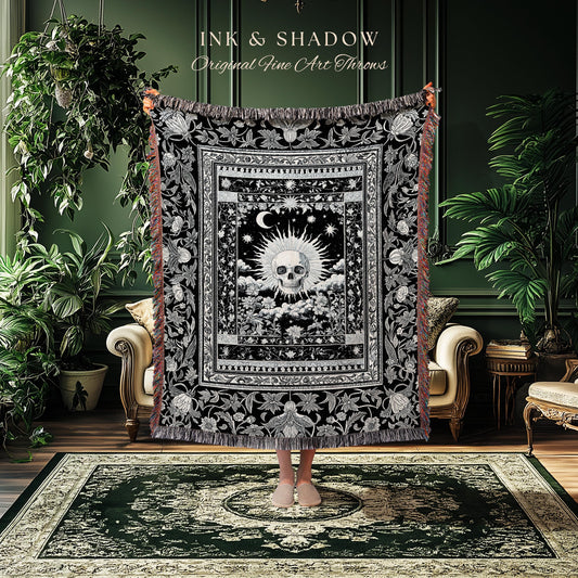 Retro Greyscale Skull Woven Throw | Tarot Aesthetic Dark Academia Whimsigoth Baroque Spooky Macabre Design Gothic Tapestry Blanket Witchy |