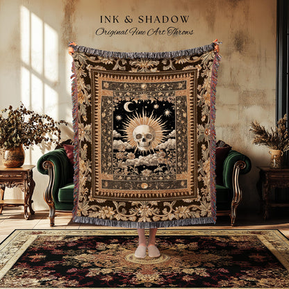 Astrology Aesthetic Skull Throw Blanket | Lovers Card Woven Tapestry Macabre Bedding Whimsigoth Skeleton Decor Vintage Spooky Goth Interior