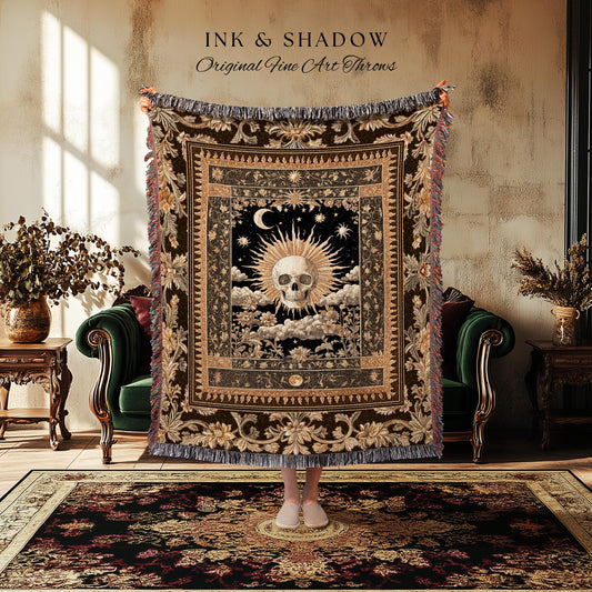 Astrology Aesthetic Skull Throw Blanket | Lovers Card Woven Tapestry Macabre Bedding Whimsigoth Skeleton Decor Vintage Spooky Goth Interior