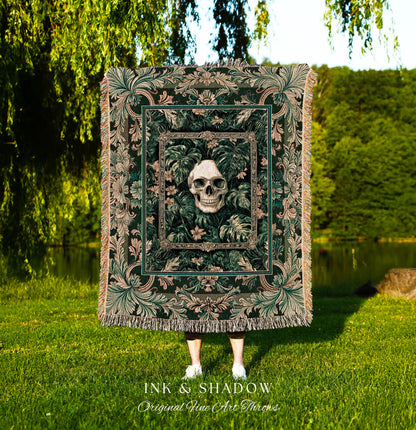 Ornate Baroque Halloween Skull Blanket | Goth Aesthetic Fall Decor Spooky Skeleton Woven Wall Tapestry Macabre Retro Witchy Style Bedroom |
