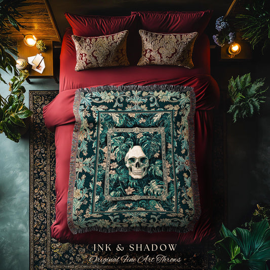 Dark Forest Ethereal Skull Blanket | Whimsical Academia Woven Throw Witchcore Halloween Decor Woven Tapestry Fall Vibes Macabre Aesthetic |