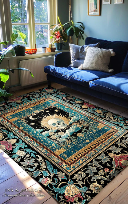Gothic Bohemian Skull Witchy Area Rug | Wiccan Aesthetic Halloween Vibes Dark Academia Bedroom Baroque Spooky Season Decor Celestial Tarot