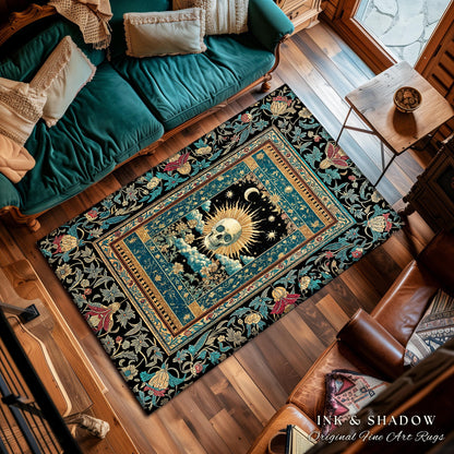 Gothic Bohemian Skull Witchy Area Rug | Wiccan Aesthetic Halloween Vibes Dark Academia Bedroom Baroque Spooky Season Decor Celestial Tarot