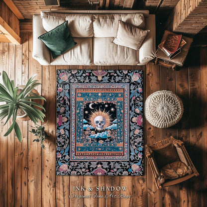 Retro Spooky Skull Tarot Bedroom Decor | Fall Aesthetic Accent Rug Gothiccore Cozy Dark Academia Vibe Whimsigoth Rustic Halloween Theme |