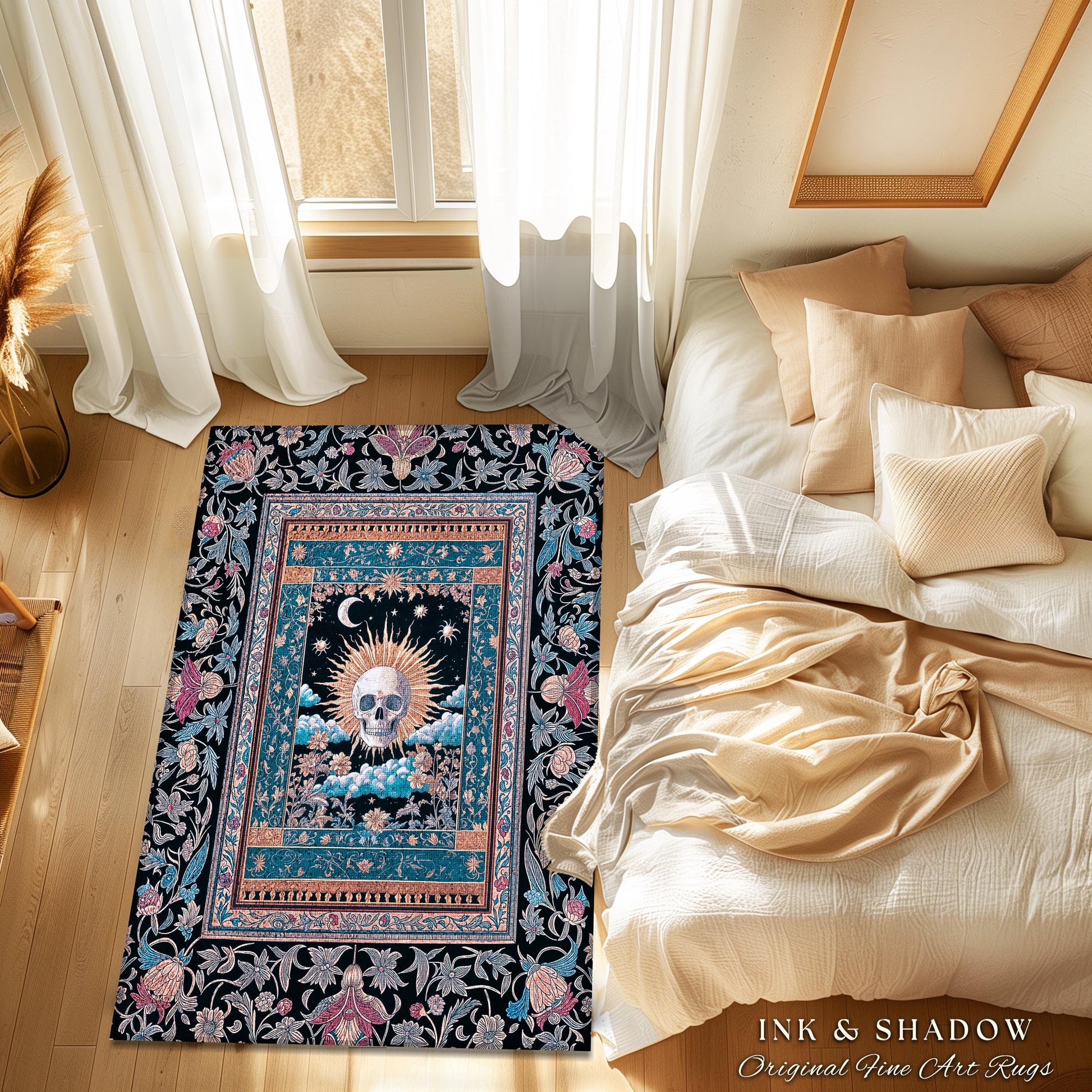 Retro Spooky Skull Tarot Bedroom Decor | Fall Aesthetic Accent Rug Gothiccore Cozy Dark Academia Vibe Whimsigoth Rustic Halloween Theme |