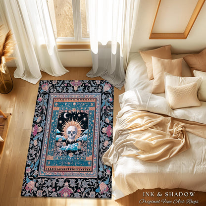 Retro Spooky Skull Tarot Bedroom Decor | Fall Aesthetic Accent Rug Gothiccore Cozy Dark Academia Vibe Whimsigoth Rustic Halloween Theme |